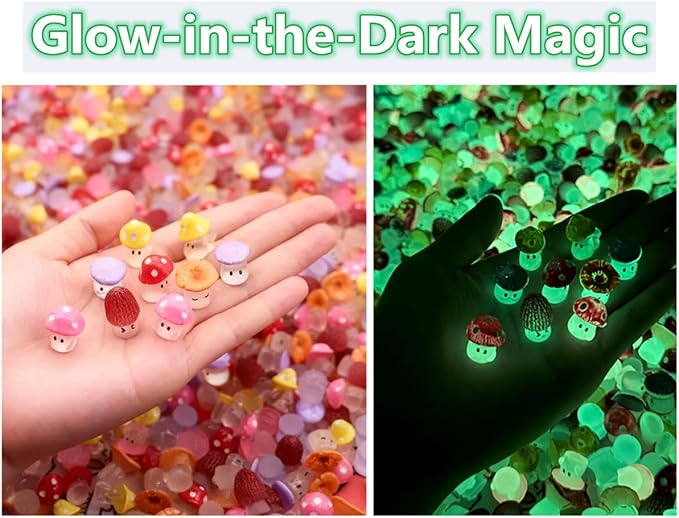 50PCS Glow-in-The-Dark Mushroom Blind Bags, Cute Mini Mushroom Figurines Dollhouse Accessories, Realistic Mini Miniatures, Fairy Garden Decorations for Kids Party Favors, DIY Crafts