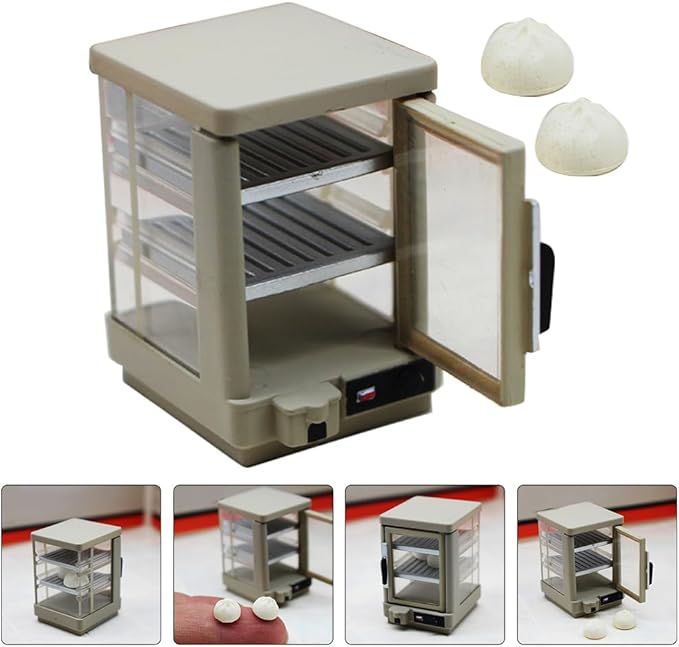 LOGOFUN Miniature Bakery Case Dollhouse 1:12 Scale Mini Insulated Cabinet with Mini Steamed Stuffed Buns Model for Dollhouse Bread Shop Accessories