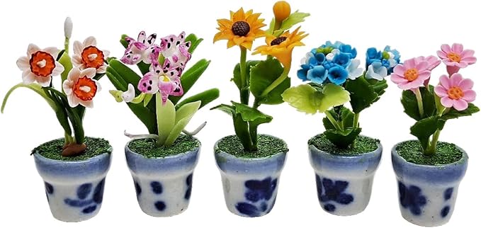 WitnyStore Tiny 1½" High 5 Pieces Set Mix Sunflower Orchid Hydrangea Zinnia - Hand Made Artificial Flowers Colorful Miniature Realistic Clay Flower Plant Pots Blooming House Plants Indoor Decoration