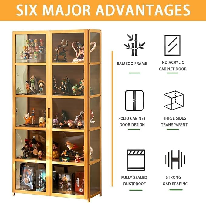 5-Tier Curio Display Cabinet with Acrylic Doors - 64” Transparent Display Case for Figures, Display Shelves for Collectibles & Storage Cabinets for Home, Office, Playroom, Living Room, Brown
