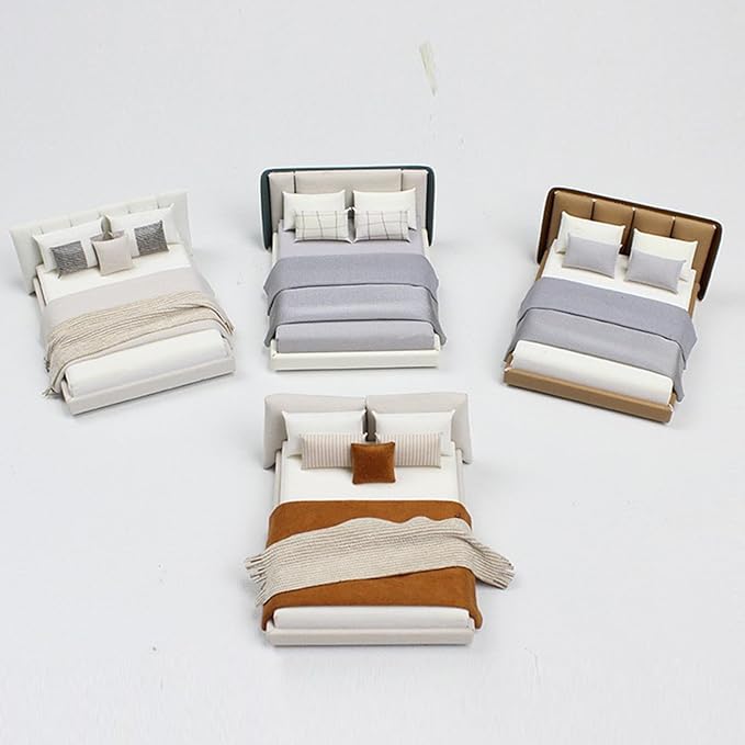 1/20 Scale Dollhouses Bedroom Decorative Miniature Double Bed with Beddings Model Dollhouses Furniture Accessories