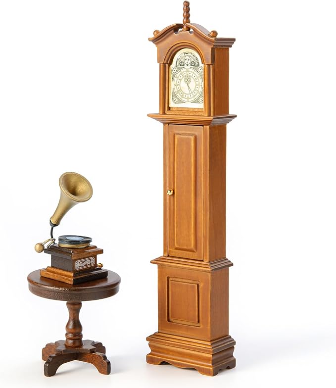 Minamzee 1:12 Dollhouse Furniture Accessories Set, 3Pcs Victorian Miniature Grandfather Clock, Vintage Phonograph, Round Side Table Mini House Decoration for Living Room, Bedroom, Kitchen,Home Office