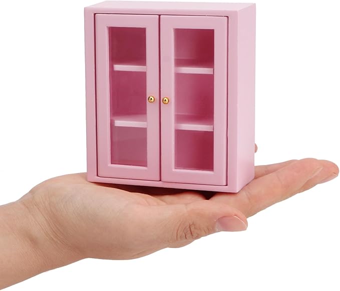 Dollhouse Wall Cabinet Wooden Miniature Cupboard 1:12 Scale Kitchen Furniture Dollhouse Hanging Cabinet Display Shelf Household Accessories Decor for Bathroom Living Room (Pink)