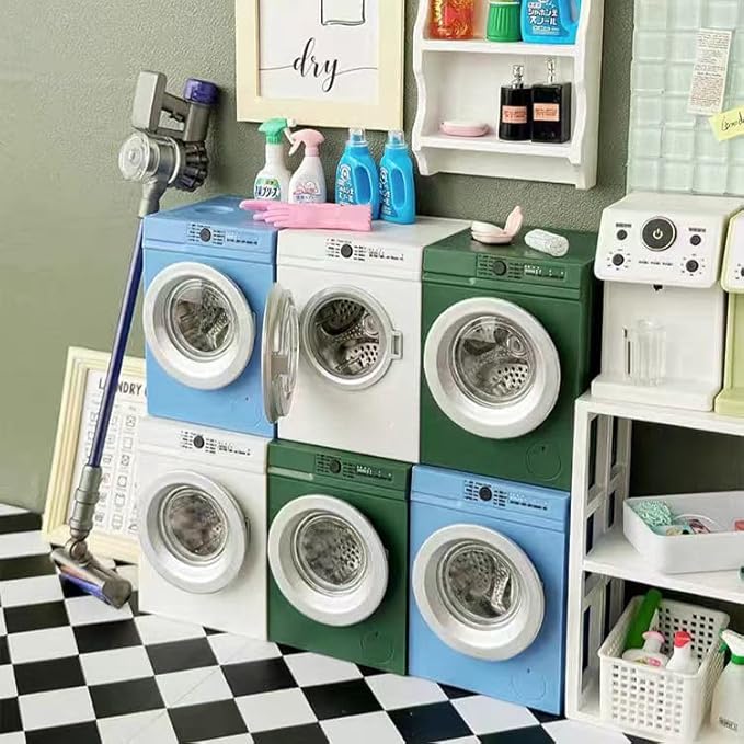 Mini Washing Machine Model - Real Rotating Drum Design, 1:12 Dollhouse Miniature Washing Machine Furniture Appliance Model Dollhouse Decoration Accessories (White)