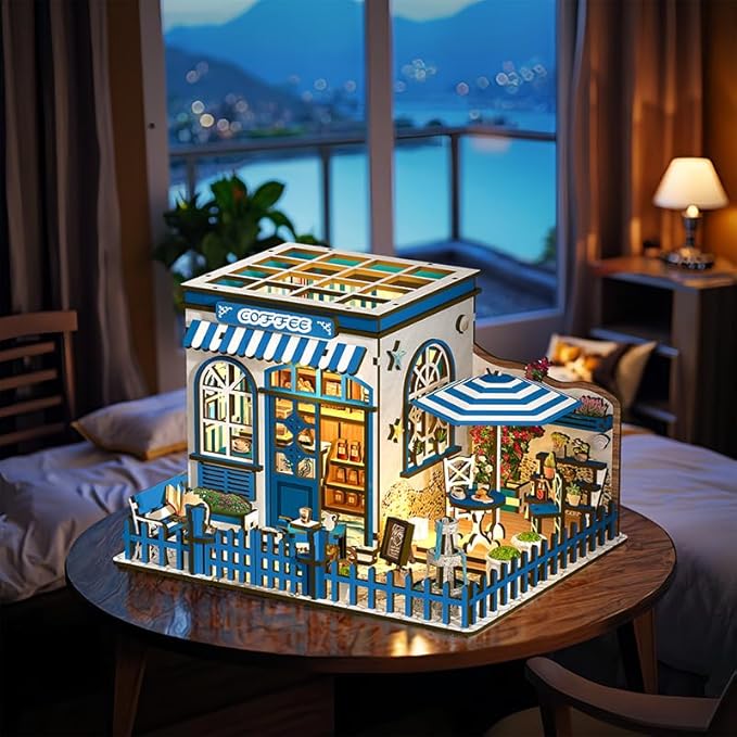 DIY Miniature House Kit - 3D Wooden Puzzle Dollhouse Kit with LED Lights, Coffee Shop Book Nook Bookshelf Insert Decor, Mini House Building Kit for Adults & Teens, Creative Craft Gift
