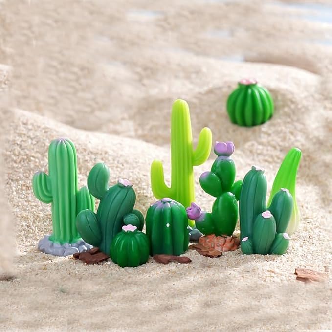 12 Pcs Realistic Mini Cactus Figurines – Resin Cactus Models in Various Shapes, Miniature Green Cacti Ornaments for DIY Dollhouse, Fairy Garden, Bonsai, Micro Landscape, Car & Cake Toppers