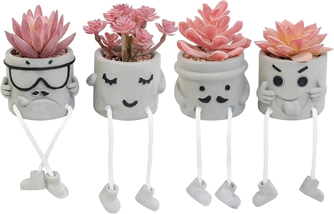 LUZOGA Set of 4 Artificial Potted Mini Succulent Plants - Small Fake Succulents in Hanging Leg Cement Pots, Desk/Bathroom/Bookshelf/Wall Decor for Home Office, Cute Office Decor for Women (Pink)