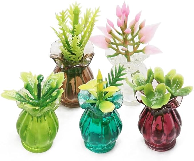 Odoria 1/12 Miniature Flower in Vase Dollhouse Decoration Accessories, 5Pcs