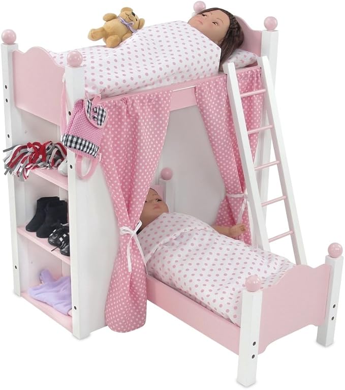 Emily Rose 18 Inch Doll Pink Loft Bunk Bed with Storage Shelves, Bins, and Ladder - Wooden Dollhouse Furniture with 2 Bedding Sets - Compatible with American Girl, Our Generation & My Life As Dolls