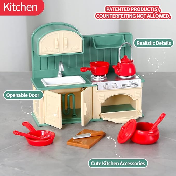 TAKIHON Dollhouse Furniture, Kitchen & Bathroom Toy Set,Fridge Washing Machine Set for Kids,Dollhouse Miniature Accessories,Educational Pretend Play Toys for Toddler,Boys & Girls