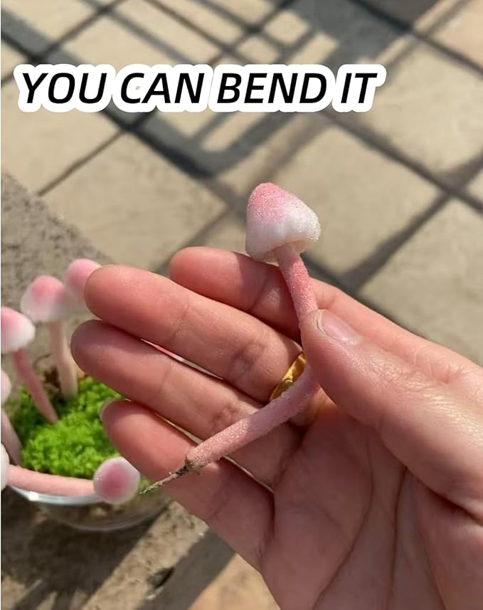 Sthdembo 8-Pcs Handmade Glittery Pink Resin Mini Mushrooms for Fairy Desk Plants, Miniature Terrarium Decor & Micro Landscape (not Include The vase)