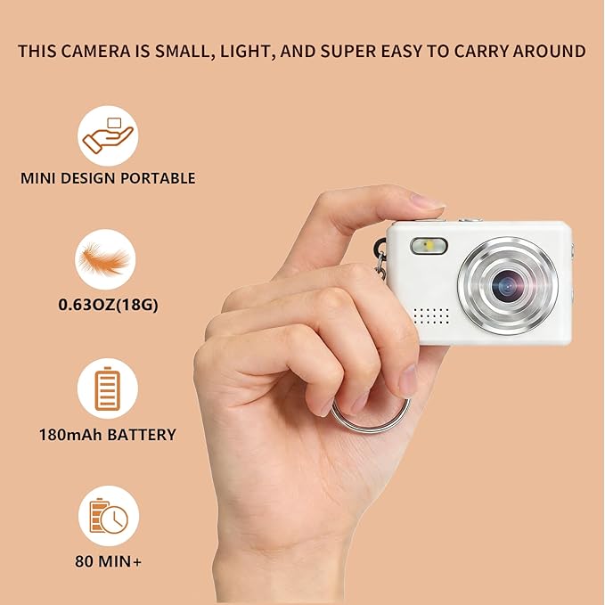 Gift for Teen Boys & Girls - Mini Keychain Camera, 1080P Portable Digital Camera with 0.96" Screen, Includes 32GB Card for 12MP Photo Video, Birthday Graduation Travel (White)