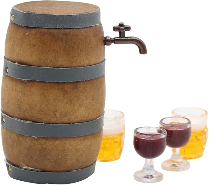 Mini House Drink Accessories Miniature Wooden Beer Barrel Figurine Wine Barrel Model with Faucet and Wine Glass for Fairy Garden Pub Bar Decoration