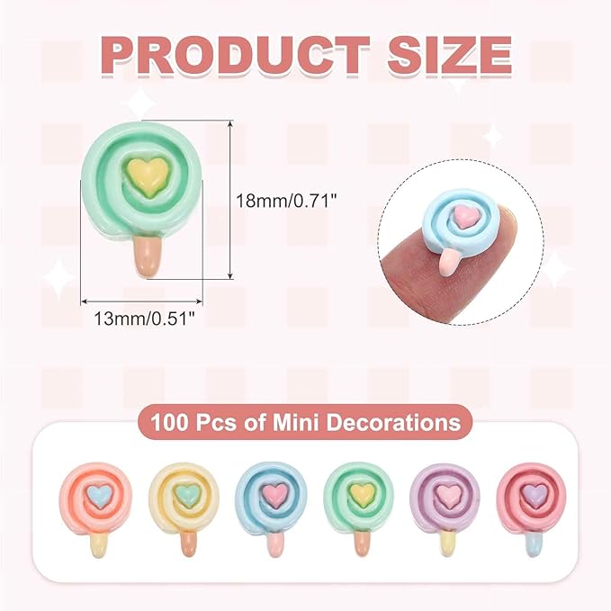 Mini Cute Heart Lollipop Decor, Miniature Doll Food Crafts for Dollhouse & Landscape & Mini Kitchen & Micro Fairy Garden & DIY Craft Decorations(Light Colors, 100pcs)