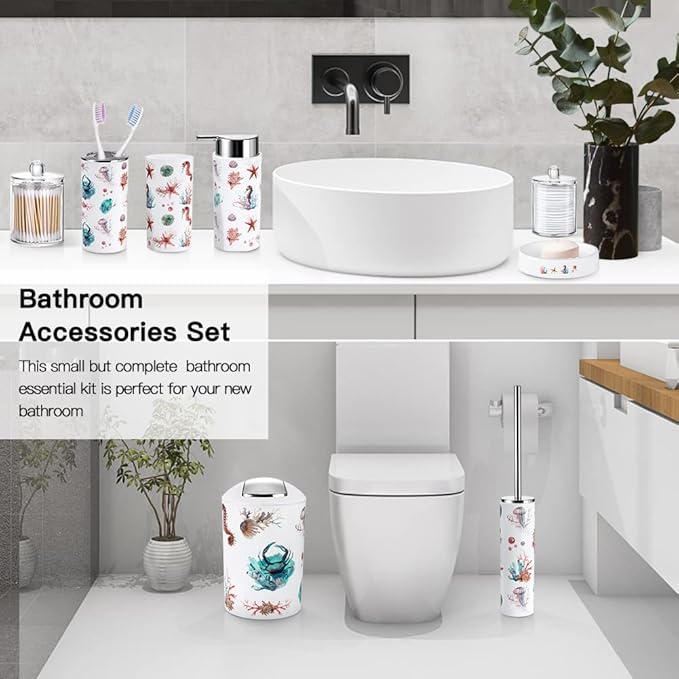 OTOSTAR Bathroom Accessory Set 8 Pcs Ocean Bathroom Accessories Set Luxury Bath Set with Trash Can Soap Dispenser Toothbrush Holder Tumbler Soap Dispenser Toilet Brush Holder Qtip Holder (Seahorse)