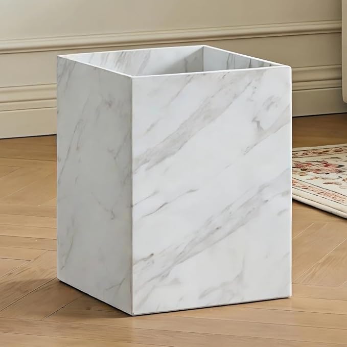 Modern Square White Marble Waste Basket, Natural Stone Bathroom Trash Can, Decorative Home Garbage Container, Beautiful Marble Look Rubbish Bin for Bathroom, Bedroom, Kitchen, Home Office