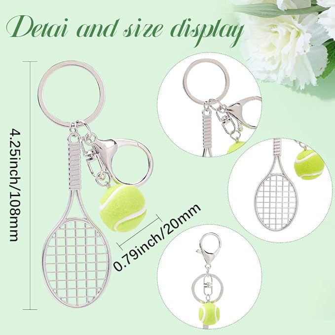 SOFPLATE 1 Box 2Pcs Tennis Themed Bag Charms Sport Ball Keychains Small Mini Metal Silver Racket Sports Hanging Alloy Charm Pendant Key Chains Charms for Purses Backpack Bags Party Favor Decoration