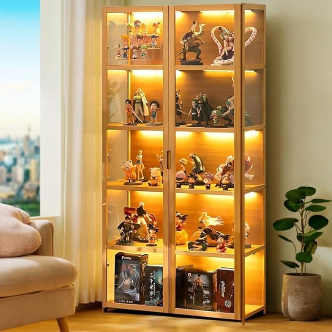 5-Tier Curio Display Cabinet with Acrylic Doors - 64” Transparent Display Case for Figures, Display Shelves for Collectibles & Storage Cabinets for Home, Office, Playroom, Living Room, Brown