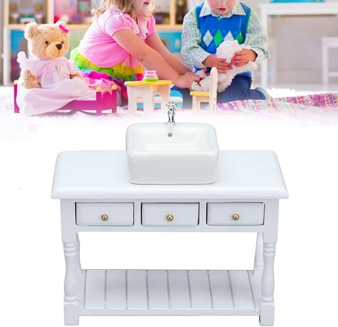 Dollhouse Furniture, White Miniature Educational Doll House Bathroom Set for 1:12 Miniature Doll House