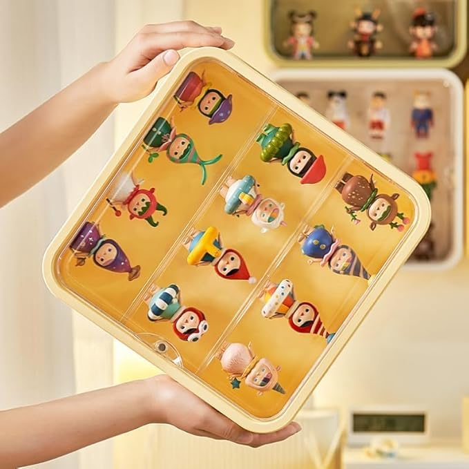 Clear Display Case for Figures, Wall Mounted Clear Display Box, 3 Tiers Adjustable Acrylic Display Box Stand with Magnetic Door for Mini Action Figures Pop Mart Collectibles, Yellow