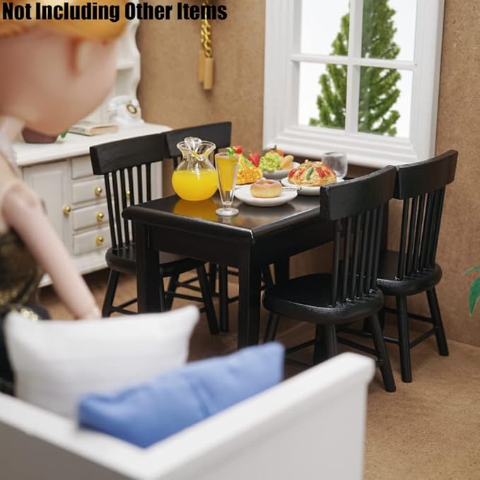 Odoria 1/12 Miniature Dining Table and Chairs Dollhouse Kitchen Furniture Accessories, Black
