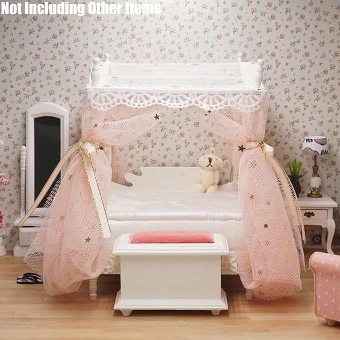 Odoria Dollhouse Princess Bed Miniature: 1/12 Scale Queen Bed Pink Fluffy for 6 inch Dolls Bedroom - Mini Bedding Furniture with Luxury Canopy