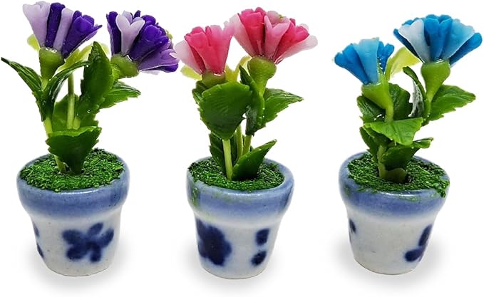 WitnyStore Tiny 1½" High 3 Pieces Set Purple Pink Blue Hydrangea Hand Made Artificial Flowers Realistic Colorful Miniature Modelling Clay Flower Pots Variety of House Plant Species Home Decoration