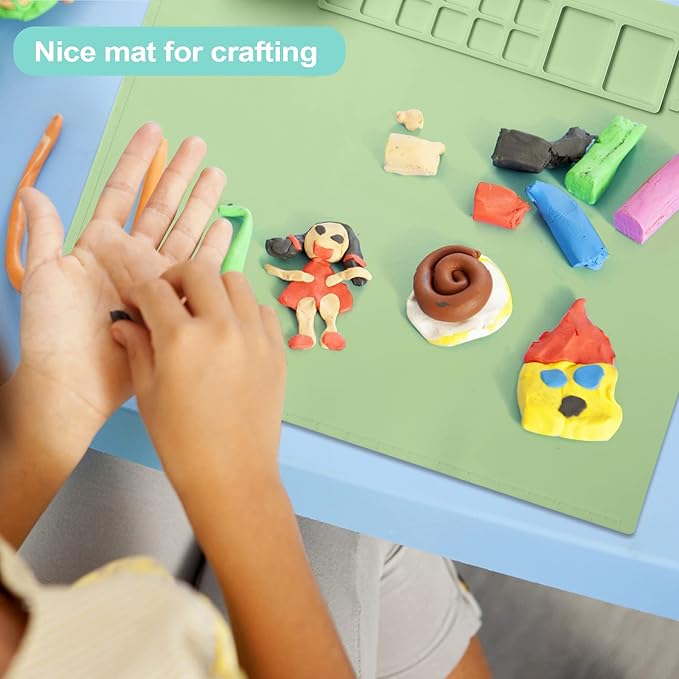 AWOKE Silicone Painting Mat for Table Protection - 20"X16" Washable Art Mat with 1 Water Cup for Kids - Craft Mat has 12 Color Dividers - 2 Paint Palettes (Green), Toddler Activities, Girl Boy Gifts