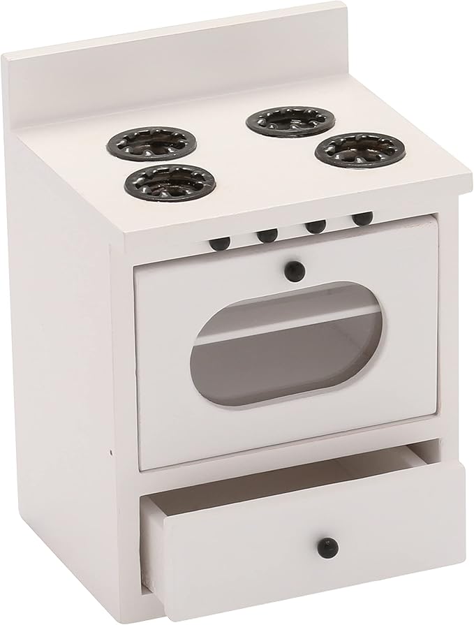 Wooden Dollhouse Kitchen Stove Cabinet, Miniature Dolls House Oven, Burners, Range, 1/12 Scale, White