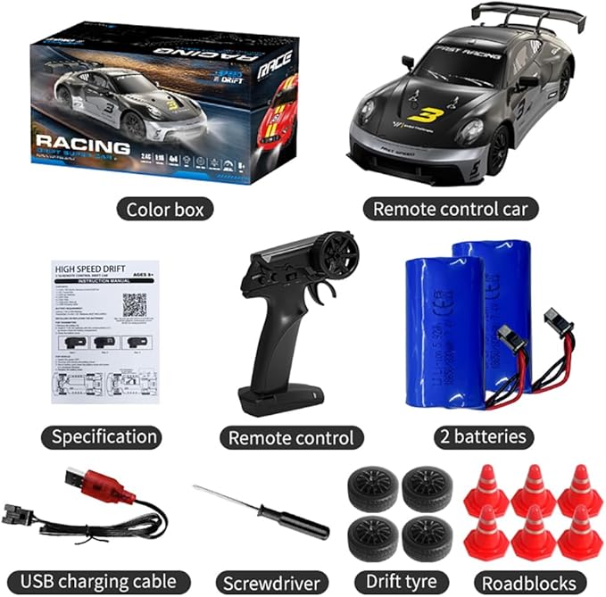 KF28 1/16 Scale Drift RC Car with Full Proportional RTR 2.4GHZ Remote Control and APP Control Speed Racing Cars (Grey)
