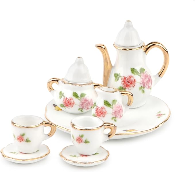 Dollhouse 1:6 Porcelain Tea Cup Sets 8 Pcs Set Miniature Ceramics Dollhouse Accessories Flower Pattern Teapot Platter Dish Sets Dollhouse Kitchen Supplies Decoration (Butterfly)