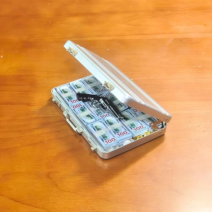 1:6 Scale Miniature Briefcase Set - Includes Fake Gold Bars, Bundles of $100 Mini Dollar Bills, Vintage Coins and Mini Weapons - Unique Adult NoveltyToy & Dollhouse Accessories (Silvery)