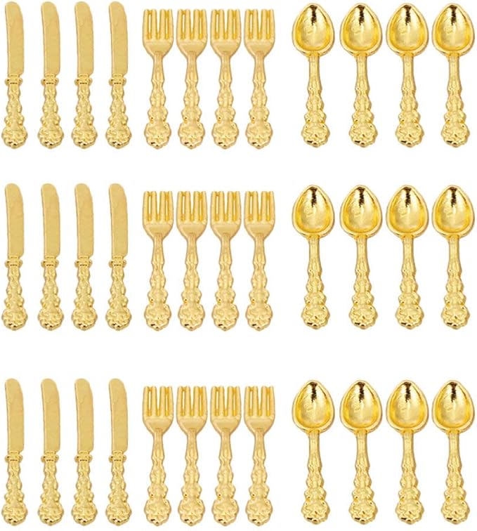 Kisangel Miniature Dollhouse Tableware Ornament 36Pcs Alloy Micro Cutlery Set Decorative Mini Dinner Accessories for Fairy House Display