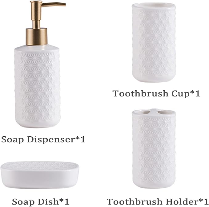SHIIANN Ceramic Bathroom Accessories Set, 4 Pack Bathroom Ensemble for Bathroom Includes 1 Lotion Dispenser 1 Toothbrush Holder 1 Tumbler 1 Soap Dish (White)