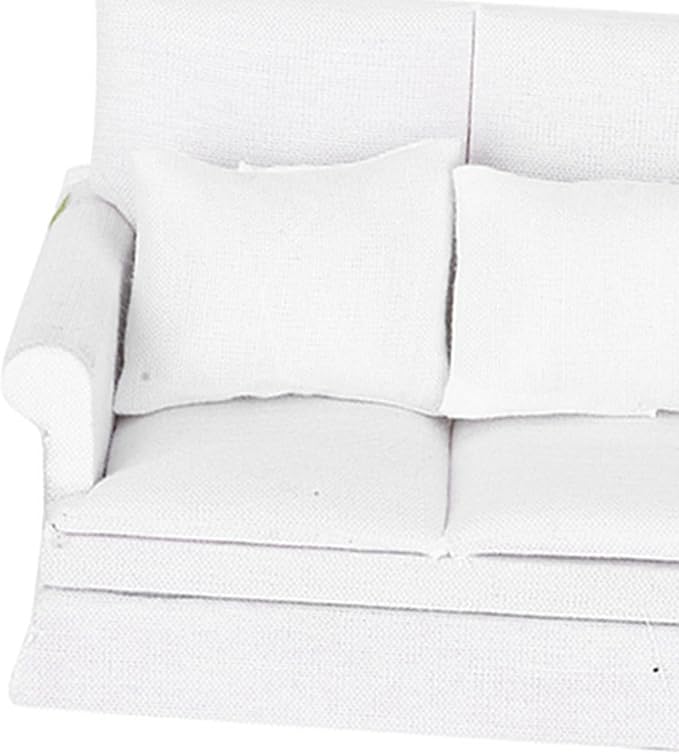 1:12 Scale Dollhouse Sofa with 3 Pillows, Miniature White Wooden Living Room Furniture for Doll House, Realistic DIY Scene Decoration and Collectible Accessory