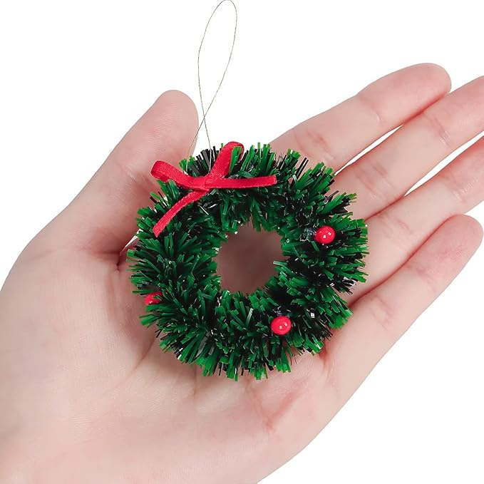10 Pieces Mini Artificial Christmas Wreaths Ornaments, Dollhouse Miniature Christmas Wreath Doll House Mini Xmas Wreath for Dollhouse Door Windows Christmas Tree Decoration (Red Bowknot)