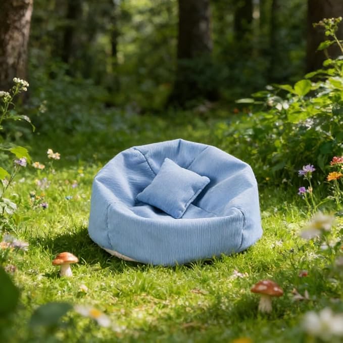 Miniature Sofa for Labubu, Cute Doll Seat for 17cm Labubu, Handmade Bean Bag Chair with Pillows, Soft Lazy Sofa Seat Miniature Couch for Dollhouse Furniture Decoration (Blue)