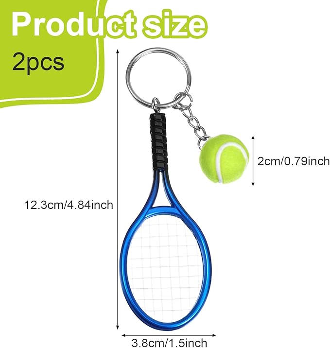 Mabor 2 PCS Tennis Keychain Mini Metal Ornament Cute Tennis Racket Ball Keychain Gifts for Women Men