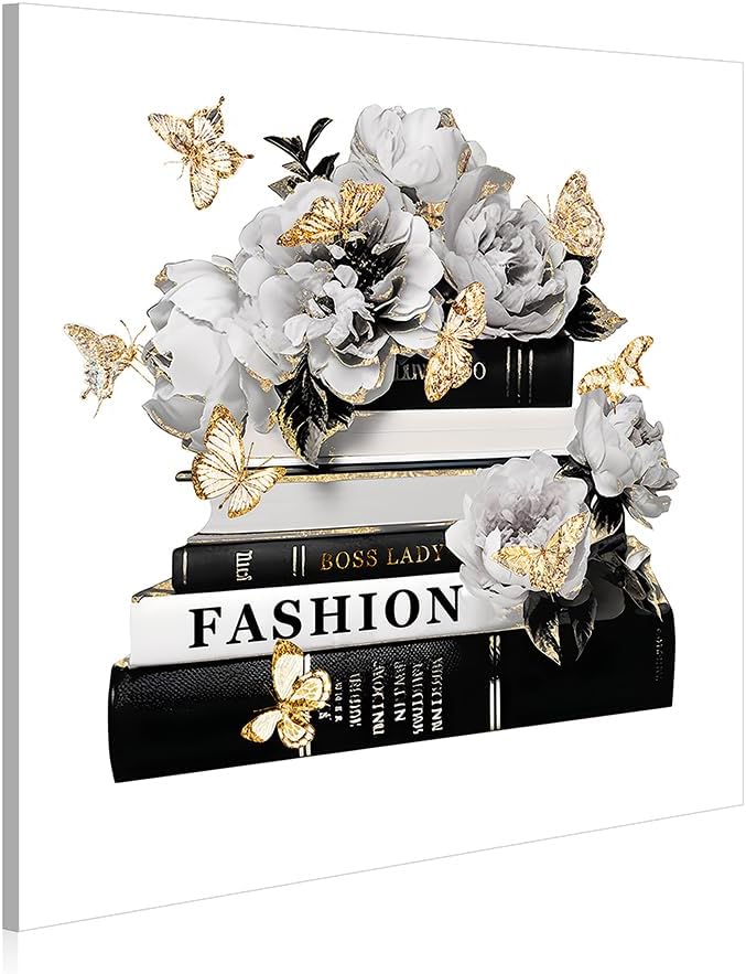 Dream Land Fashion Books Flower Wall Art: Black White Book Stack Picture 12"x12" Glam Gold Foils Butterfly Canvas Prints