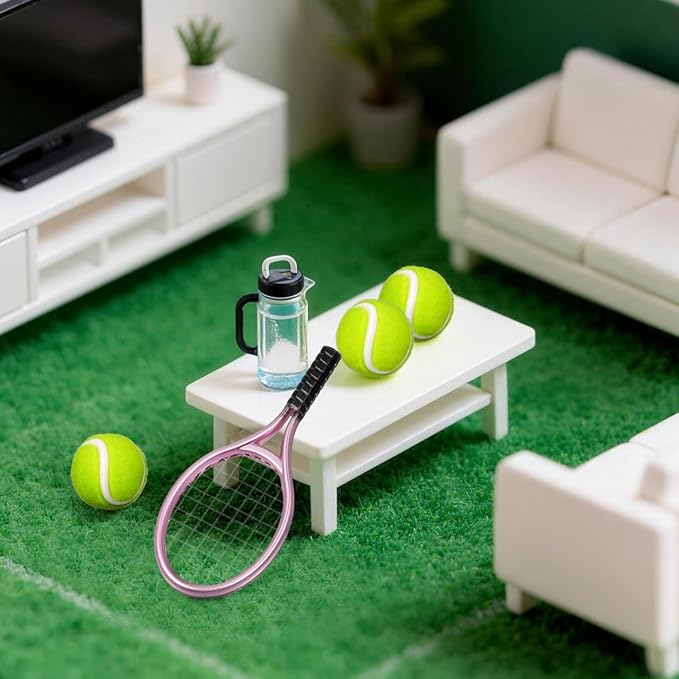 STOBOK Miniature Tennis Racket and Ball Set 3.54 Inch Dollhouse Sports Accessories for 1 12 Scale Decor Photography Props Mini Tennis Toy for Kids and Craft Projects