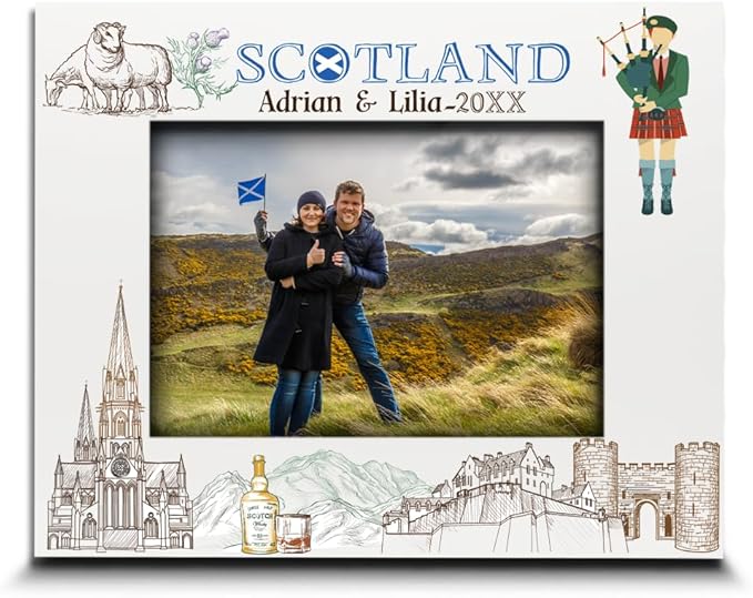BELLA BUSTA-Personalized Europe Travel Picture Frame– Custom Scotland Photo Frame with City & Country-Honeymoon, Vacation, Adventure, Favor Keepsake (Scotland (5x7 Horizontal)