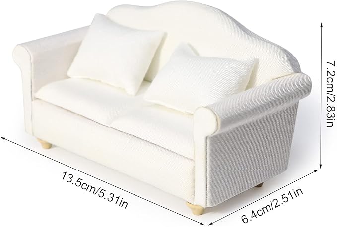 Dollhouse Couch Miniature Furniture Sofa with Pillows for Living Room Desktop Decoration Fabric Sofa Mini Home Scene Accessories Ornament (Double Sofa, White)