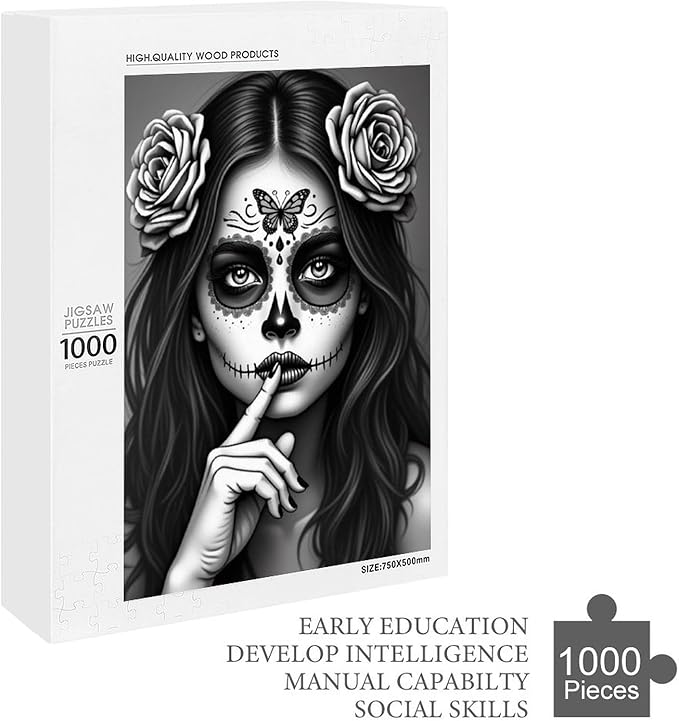 Jigsaw Puzzles for Adults 1000 Piece - Gorgeous Sugar Skull Lady Day of The Dead Wooden Puzzle,Educational Games，Challenge Puzzles Puzzle Games,Stress Relief Games,Funny Puzzles