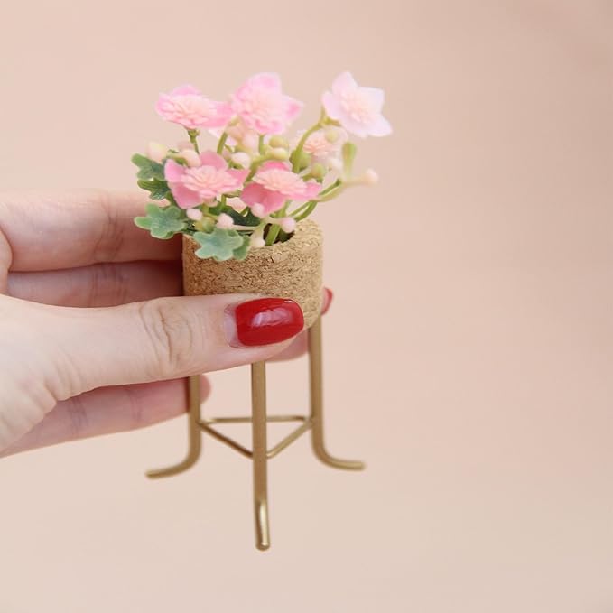 Funky Mini House Miniature Dollhouse Plant Pot Stand & Fake Flower Pot Bundle (2 Packs) – 1:12 Scale Tiny Home Decor, Ideal Gift for Collectors (Gold)