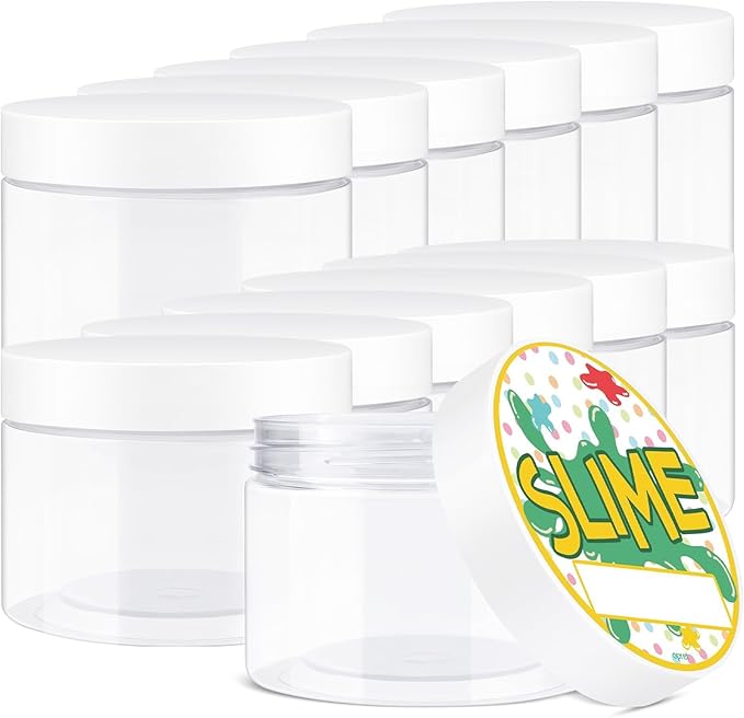Opret 12 Pack 10oz Empty Slime Containers, Large Plastic Slime Jars with Lids and Labels Clear Storage Organizers for Slime Making, Food and Beauty Products, BPA Free