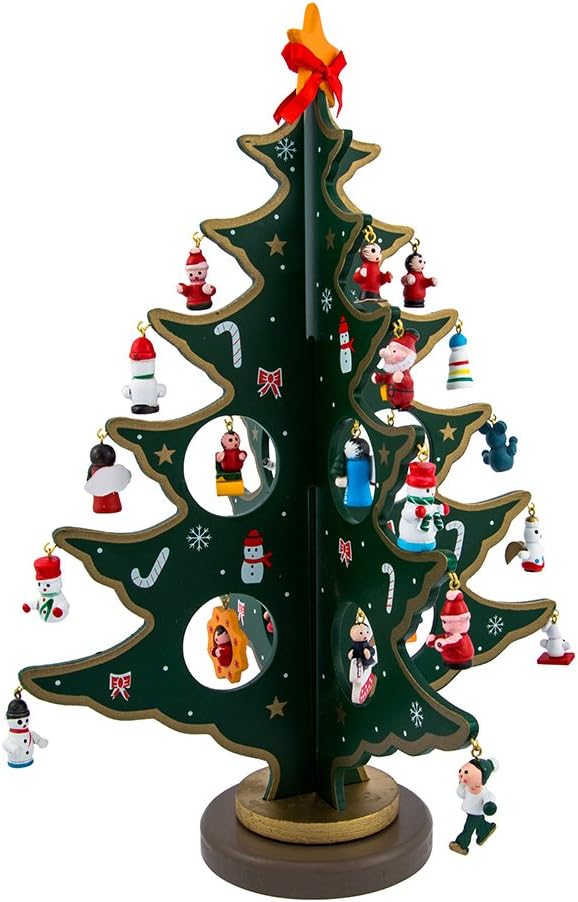 Kurt Adler Advent Calendar Christmas Tree with 24 Miniature Wooden Ornaments, Multi Color 11.75in.