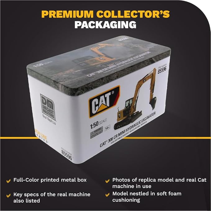 Diecast Masters CAT Caterpillar 308 CR Next Generation Mini Hydraulic Excavator with Work Tools and Operator High Line Series 1/50 Model 85596