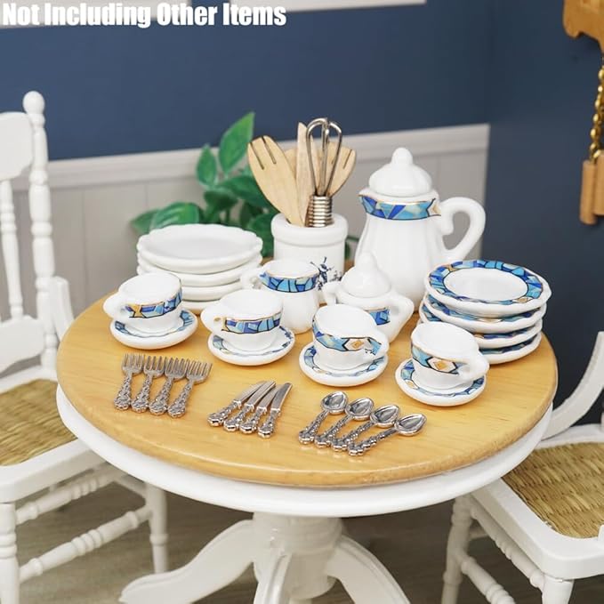 Odoria 1/12 Miniature Porcelain Tea Set Plates and Silverware Kitchen Utensils Dollhouse Accessories, Mediterranean Blue
