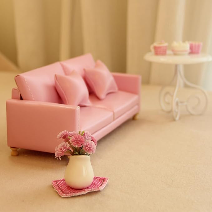 Minamzee 1:12 Dollhouse Leather Couch, Miniature Modern Double Sofa with Pillows, Dollhouse Luxury Couch Furniture Accessories for Living Room Bedroom (Pink)