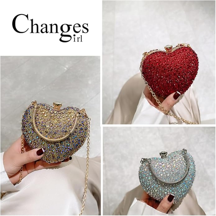 changes girl Heart Shaped Acrylic Clutch Purses Mini Purse Sparkling Rhinestone Handbag Clutch